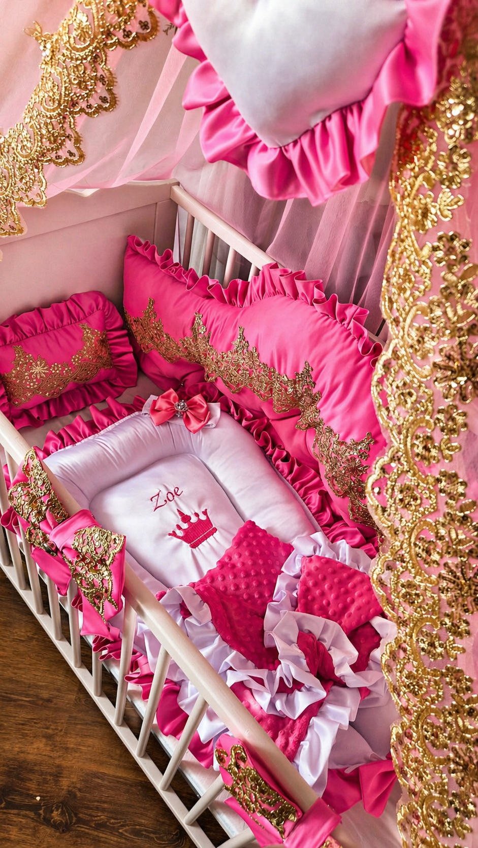 Komplet do postieľky Princess Dream v cyklámenovej farbe so zlatou
